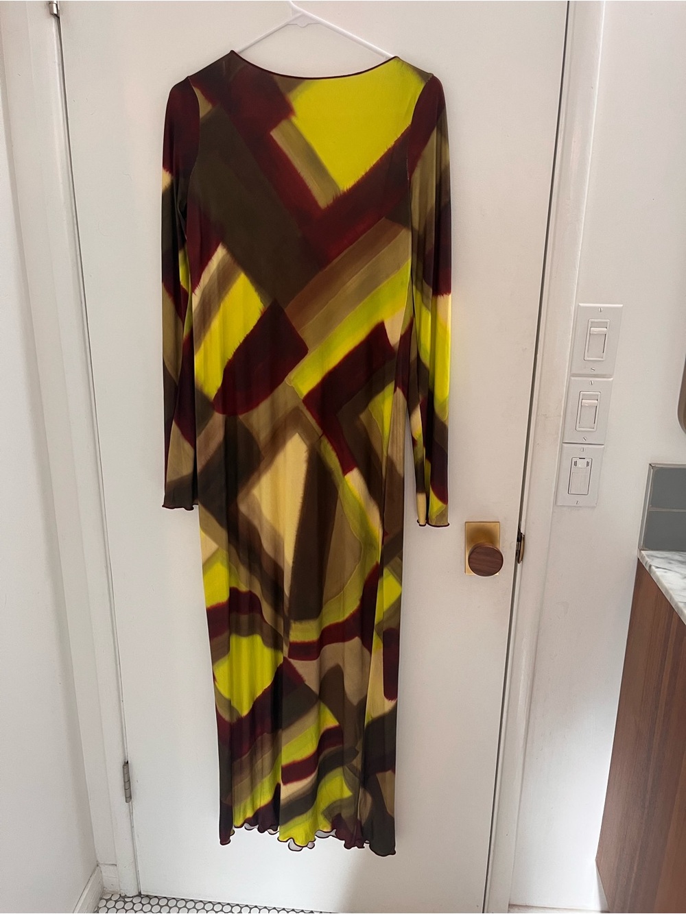 Zara Long Sleeve Fitted Maxi Dress in Yellow, Brown & Olive Abstract Print
